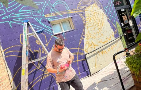 Felix Flex Maldonado at Flexing My Wings mural at Rocket Fizz in Valparaiso, IN, 2024. Photograph by 219 Social.