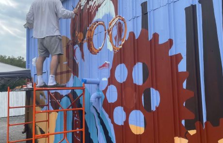 Forged to Flourishing mural - Orchestrated Events, Valparaiso, IN by Sophie Groenstein. Photo by Jessica Corral.