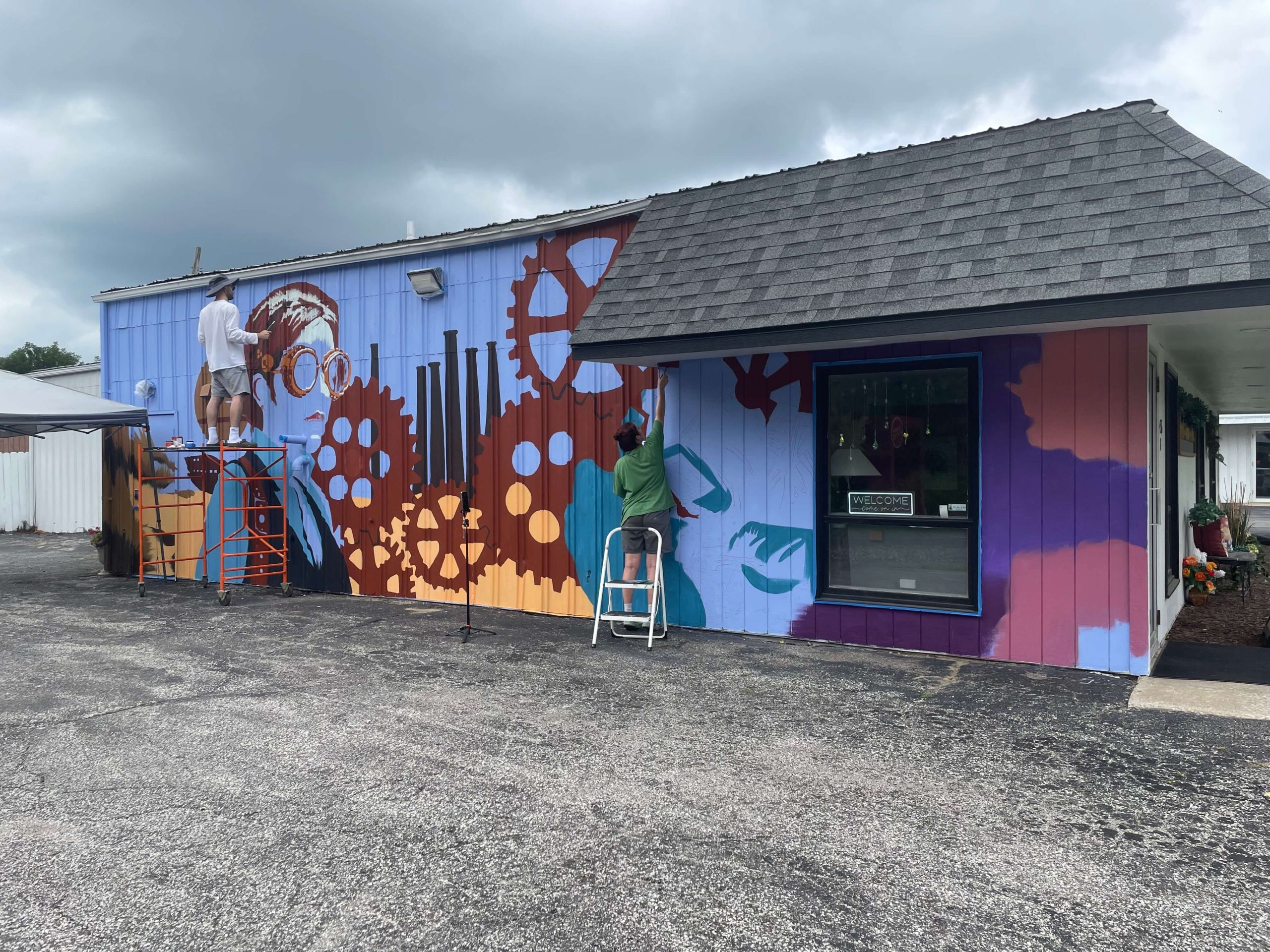 Forged to Flourishing mural - Orchestrated Events, Valparaiso, IN by Sophie Groenstein. Photo by Jessica Corral.